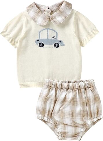 Toddler Baby Summer Clothes Knit Outfit Cotton 2 Piece Set Short Sleeve Car Pattern Knit Top + Plaid Bloomers Shorts in Kuwait