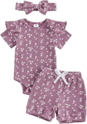 Newborn Baby Girl Summer Outfits Short Sleeve Crew Neck Floral Romper Jumpsuits Shorts Set Cute Infant Clothes in Kuwait