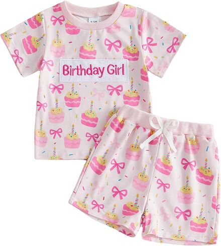 Toddler Baby Girl Birthday Outfit Embroidery Birthday Girl Shirt T-shirt Cake Bow Print Shorts 2Pcs Summer Clothes in Kuwait
