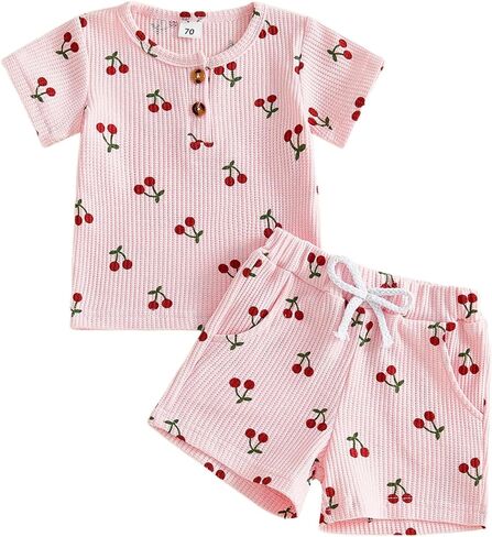 Amnnchya Toddler Baby Girl Summer Outfits Cherry Waffle Short Sleeve Shirt Matching Shorts Little Girls Clothes Cute Set in Kuwait