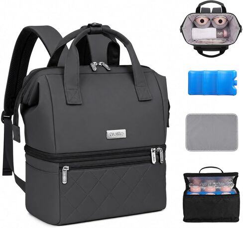 Nuliie Wearable Breast Pump Bag with Cooler Compartment, Double Layer Pumping Bag with Ice Pack, Breast Milk Cooler Travel Bag with Waterproof Mat, Fits 6 Baby Bottles up to 10 oz, Grey in Kuwait