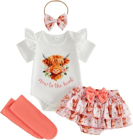 Newborn Western Baby Girl Clothes New to The Herd Romper Highland Cow Onesie Ruffle Shorts Set Cowgirl Summer Outfit in Kuwait