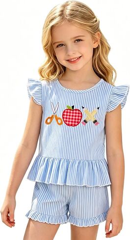 IZYJOY Girl Back to School Outfit Kids First Day of School Outfits Cute Ruffle Sleeve Striped Embroidery Set Summer Clothes in Kuwait