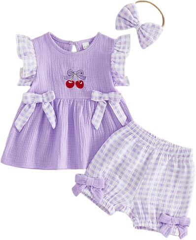 Toddler Baby Girl Outfits Plaid Flying Sleeve Ruffle Tops Shorts Sets and Headband Infant Baby Girl Summer Clothes in Kuwait