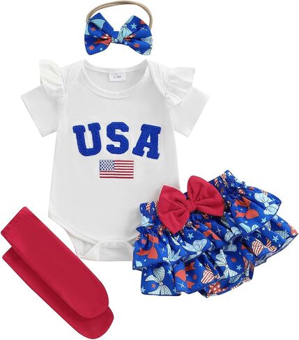 My First Baby Girl 4th of july Outfit Short Sleeve Romper Flag Skirt Shorts Headband Sets Newborn Summer Clothes in Saudi Arabia