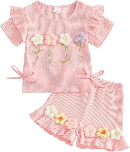 Toddler Girl Summer Outfit Infant Baby Crochet Flower Ruffle Short Sleeve Ribbed Knit Tops and Shorts Set For 0-3T in Kuwait
