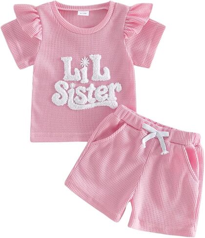 Tempura Baby Toddler Brother Sister Matching Outfit Letter Embroidery Short Sleeves T-Shirt and Elastic Shorts 2 Pieces Set in Kuwait
