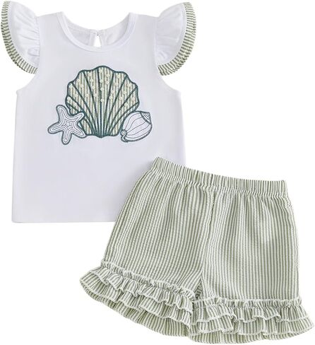 Kavousa Toddler Girl Summer Clothes Baby Girl Ruffle Shirt Top and Shorts Set Beach 2 Piece Outfits in Kuwait