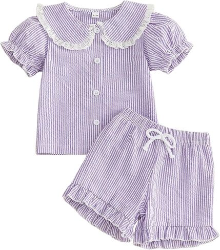 Toddler Girl Plaid Outfit Lace Trim Puff Sleeve Tops and Shorts Baby Girl Shorts Set Cute Summer Clothes in Kuwait