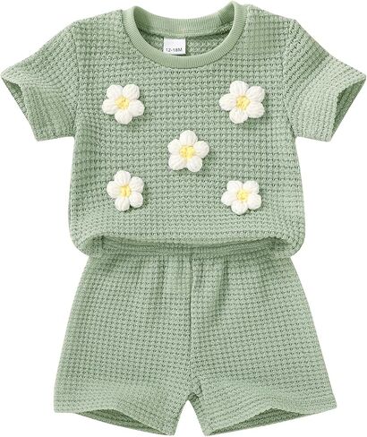 YOUNGER TREE Toddler Girl Clothes Baby Summer Waffle Knit Outfits Short Sleeve Floral Short Sets 2 Pieces Clothing in Kuwait