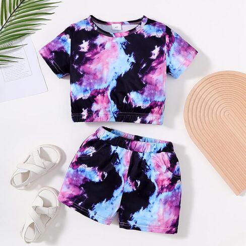 Girls' 2 Piece Tie Dye Outfit – Kids Short Sleeve Crop Top + Pocket Shorts Set for 4–7 Years Old in Kuwait