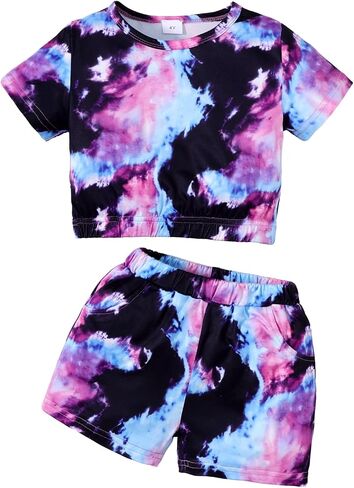 Girls' 2 Piece Tie Dye Outfit – Kids Short Sleeve Crop Top + Pocket Shorts Set for 4–7 Years Old in Kuwait
