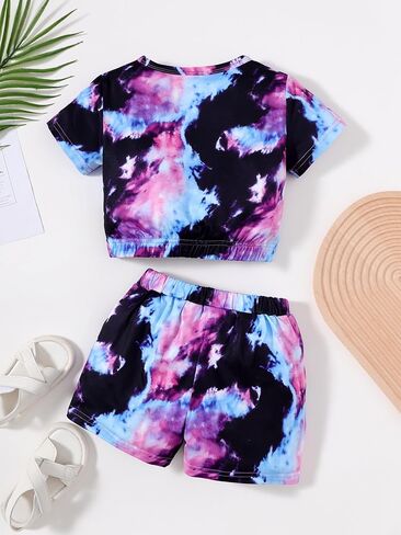 Girls' 2 Piece Tie Dye Outfit – Kids Short Sleeve Crop Top + Pocket Shorts Set for 4–7 Years Old in Kuwait