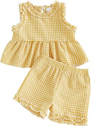 Karuedoo Toddler Baby Girl Summer Clothes Plaid Sleeveless Ruffle Hem Tank Top and Shorts Set 2 Piece Summer Outfit in Kuwait