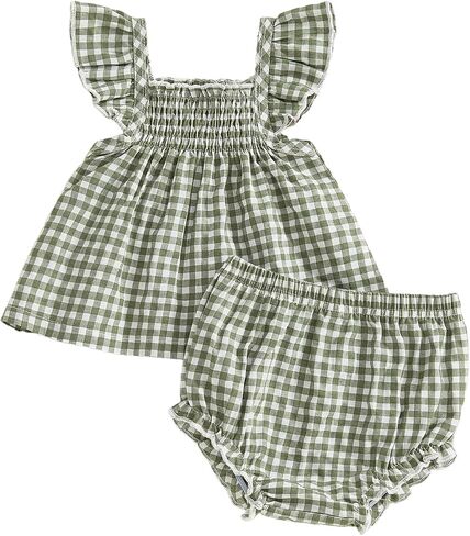 ZAXARRA Baby Girl Outfit Fly Sleeve Ruffle Tops Plaid Bloomers Infant Summer 2PCS Clothes Set 3 6 12 18 24 Months in Kuwait