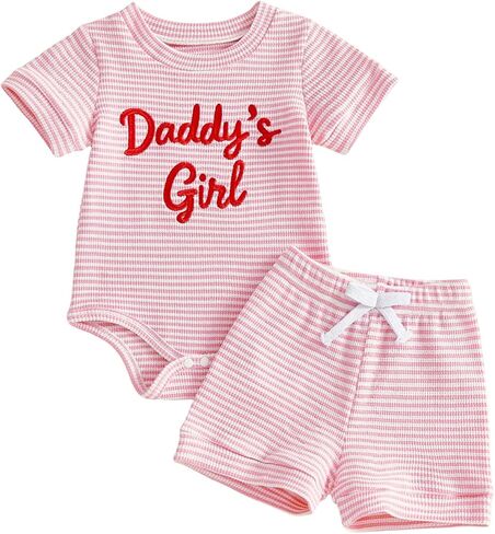 Newborn Girl Summer Clothes Daddy's Girl Baby Outfits Waffle Knit Romper Bodysuit Shorts Set Coming Home Outfits in Kuwait