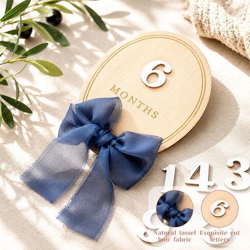 Wooden Baby Birth Announcement Sign with Numbers, Blue Ribbon and Stand | 3D Flowers Photo Prop, Milestone Wooden Circles, Baby Monthly Milestone Sign for Baby Pregnancy Growth Photo Prop in Kuwait