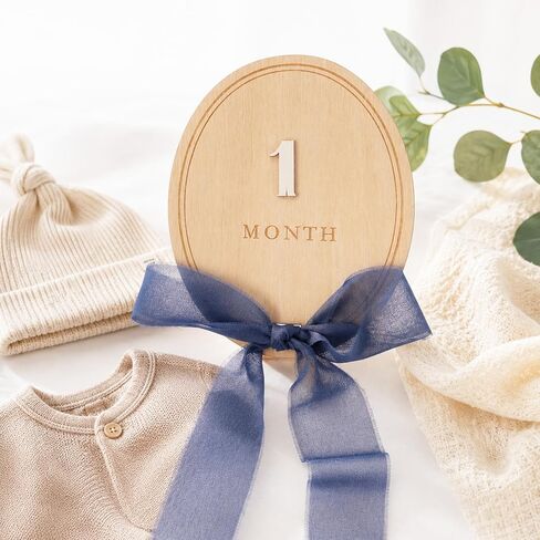 Wooden Baby Birth Announcement Sign with Numbers, Blue Ribbon and Stand | 3D Flowers Photo Prop, Milestone Wooden Circles, Baby Monthly Milestone Sign for Baby Pregnancy Growth Photo Prop in Kuwait