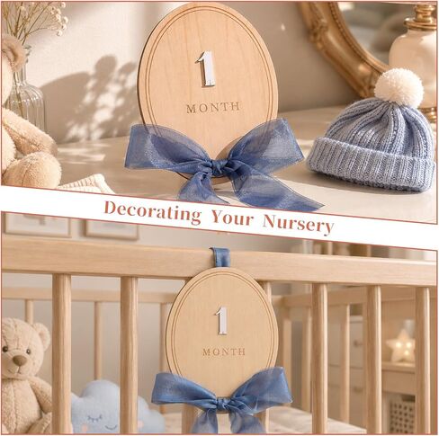 Wooden Baby Birth Announcement Sign with Numbers, Blue Ribbon and Stand | 3D Flowers Photo Prop, Milestone Wooden Circles, Baby Monthly Milestone Sign for Baby Pregnancy Growth Photo Prop in Kuwait