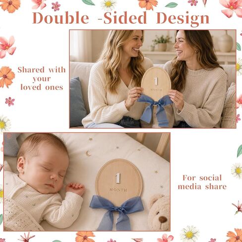 Wooden Baby Birth Announcement Sign with Numbers, Blue Ribbon and Stand | 3D Flowers Photo Prop, Milestone Wooden Circles, Baby Monthly Milestone Sign for Baby Pregnancy Growth Photo Prop in Kuwait