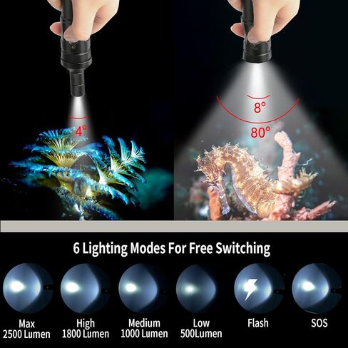 V21 Super Bright 2500 Lumen Dive Light - IP68 Waterproof Underwater Flashlight with 3 Adjustable Beams (Spot/Flood/Wide), for Scuba Diving, Night Diving, Underwater Photography & Macro Video in Kuwait