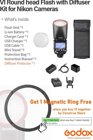 Godox V1 N V1-N Flash with Diffuser Kit for Nikon Camera, 76Ws 2.4G HSS TTL Round Head Flash, 1.5s Recycle Time, 480 Full Power Flashes, Li-ion Battery, Modeling Lamp for Portrait & Event Photography in Kuwait