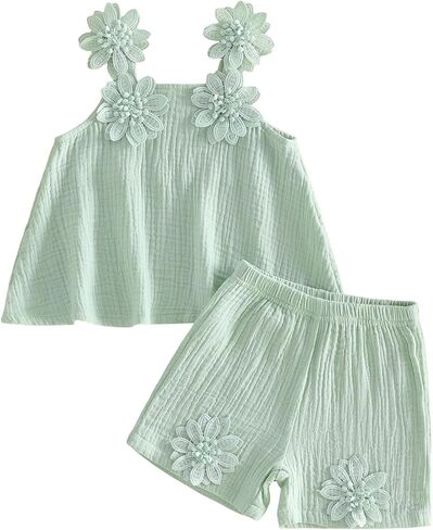 Toddler Baby Girl Clothes Decorative Flower Sleeveless Ruffle Top and Cute Shorts 2 Pcs Set Infant Casual Outfit in Kuwait