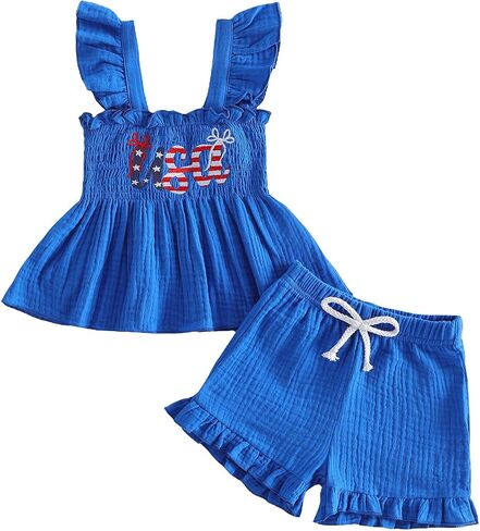 Ayalinggo Fourth of July Baby Girl Outfit USA Smocked Flying Tank Top Red White Blue Shorts Set Toddler 4th of July Clothes in Kuwait