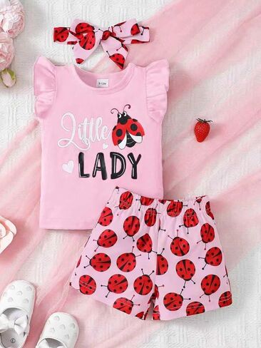 Baby Girl Summer Outfits Ladybug Clothes 3Pcs Set Ruffle Sleeveless Top Shorts & Headband for 6 Months - 3 Years Old in Kuwait