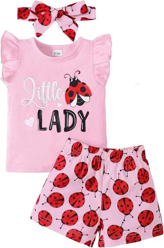 Baby Girl Summer Outfits Ladybug Clothes 3Pcs Set Ruffle Sleeveless Top Shorts & Headband for 6 Months - 3 Years Old in Kuwait