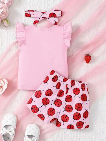 Baby Girl Summer Outfits Ladybug Clothes 3Pcs Set Ruffle Sleeveless Top Shorts & Headband for 6 Months - 3 Years Old in Kuwait