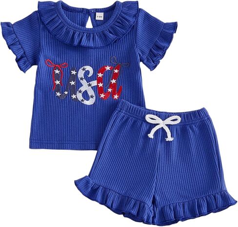 4th of July Baby Girl Outfit Set USA Bow Embroidery Short Sleeve Ruffle Tops Shorts Cute Toddler Waffle Clothes in Kuwait