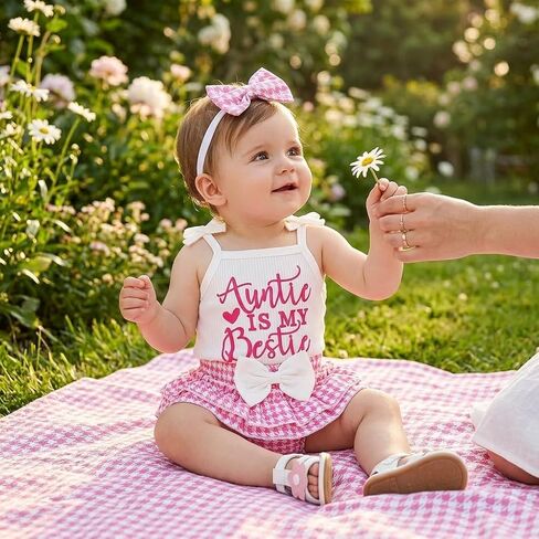 Baby Girl Outfit Set Tie Shoulder Ribbed Bodysuit Auntie Is My Bestie Houndstooth Ruffle Bloomer Bow Headband 3 Piece in Kuwait