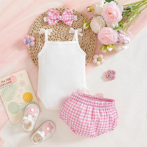 Baby Girl Outfit Set Tie Shoulder Ribbed Bodysuit Auntie Is My Bestie Houndstooth Ruffle Bloomer Bow Headband 3 Piece in Kuwait