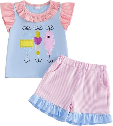 Toddler Baby Girl Fishing Outfit Fish Embroidery T-Shirt Top Striped Ruffle Shorts Set 2Pcs Girls Summer Clothes in Kuwait