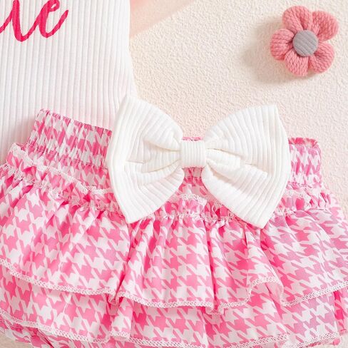 Baby Girl Outfit Set Tie Shoulder Ribbed Bodysuit Auntie Is My Bestie Houndstooth Ruffle Bloomer Bow Headband 3 Piece in Kuwait