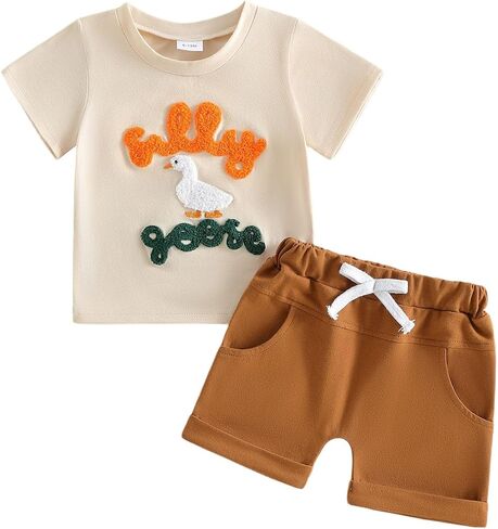 Baby Boy Girl Goose Outfits Short Sleeve One Silly Goose Embroidery T-Shirt and Shorts Set Toddler Summer Clothes in Kuwait