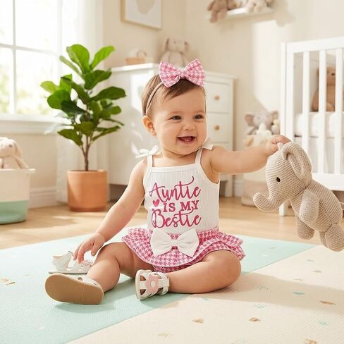 Baby Girl Outfit Set Tie Shoulder Ribbed Bodysuit Auntie Is My Bestie Houndstooth Ruffle Bloomer Bow Headband 3 Piece in Kuwait
