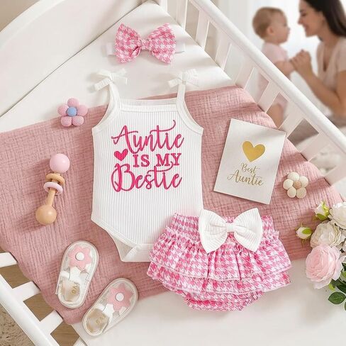 Baby Girl Outfit Set Tie Shoulder Ribbed Bodysuit Auntie Is My Bestie Houndstooth Ruffle Bloomer Bow Headband 3 Piece in Kuwait
