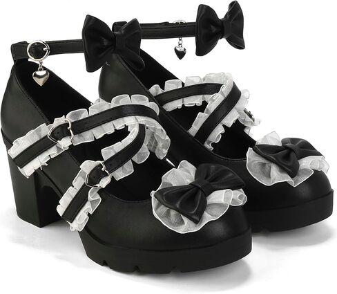 WUIWUIYU Women's Lolita Shoes Mid Block Heel Mary Jane Bow Cute Pumps with Lace Platform Chunky Heel Wedding Sweet Shoes in Kuwait