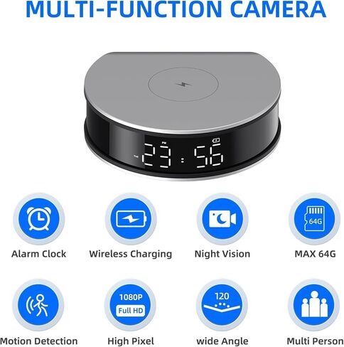 Clock Hidden Camera 1080P HD - 2.4G WiFi Hidden Camera Wireless Charger with Night Vision, Motion Detection & 110° Wide View, Wireless Security Camera for Home Baby Monitoring/Office/Store in Kuwait