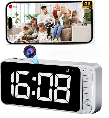 4K hidden camera magnetic clock, Wifi mini nanny security cam, Auto time synchronization, detection recognition，night vision, video live streaming, For indoor, home, office, garage, gym(Pure Black) in Kuwait