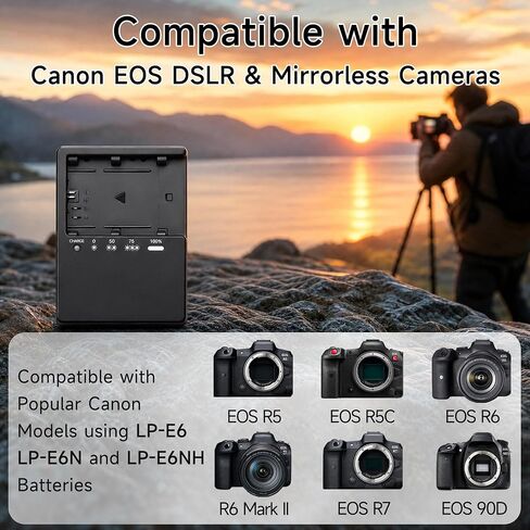LP-E6 LP-E6N LC-E6 Charger Replacement for Canon EOS R5 R6 5D IV R7 | Replacement for LC-E6 LC-E6E, Compatible with Canon EOS R5 R6 Mark II R7 R5C, 5D Mark IV III 6D 90D 80D in Kuwait