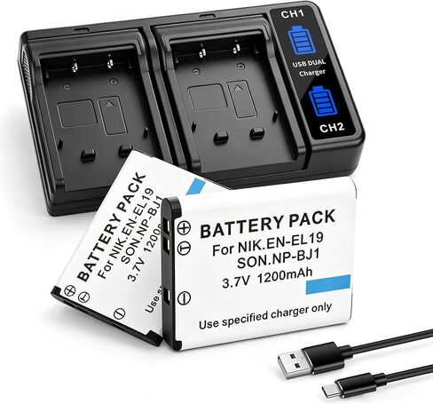 2-Pack NP-BJ1 Battery with LED Dual Charger for Nikon Coolpix S32 S33 S100 | EN-EL19 Battery S2800 S3100 S3200 S3300 S3500 S3600 S3700 S4100 S4200 S4300 S5200 S5300 S6500 S6600 S6800 S6900 S7000 in Kuwait