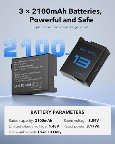 3-Pack Battery and Charger for GoPro Hero 13, 2100mAh Enduro Heo 13 Battery & 24W Triple Slot Smart PD Fast Charger Case Hub for Go Pro Hero 13 Accessories in Kuwait