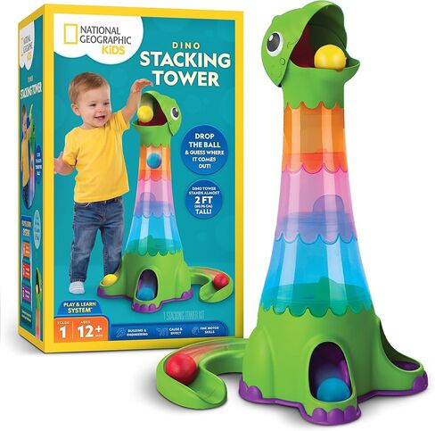 National Geographic Kids Dino Stacking Tower Ball Drop Toy for 1-3+ Year Old Boys and Girls – 2-Foot Tall Dinosaur Ball Drop Tower with Stacking Play, Toddler Cause-and-Effect Toy, Includes 3 Balls in Kuwait