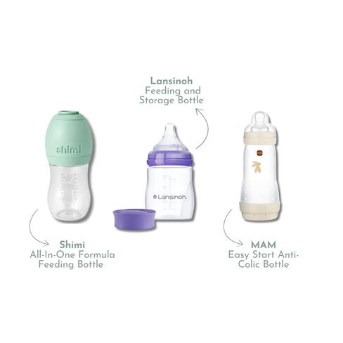 Stage 2 Flow Baby Bottle Variety Pack for Breast-to-Bottle Transition Anti-Colic Bottles Featuring Shimi, MAM & Lansinoh Try It Discovery Box 36+ Months, BPA-Free, Silicone in Kuwait