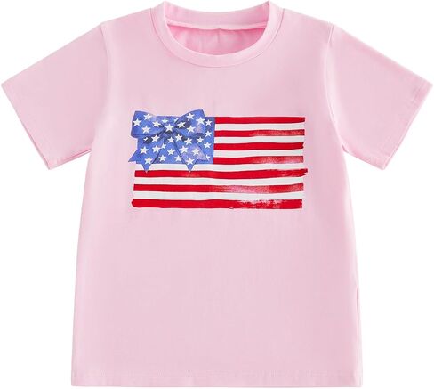 Little Girl T Shirts Fashionable 4th of July American Flag Printed Crew Neck Short Sleeve Patriotic Tops in Kuwait