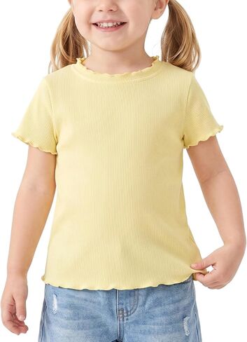 Miipat Toddler Girls T-Shirts Short Sleeve Solid Ribbed Tops Lettuce Trim Kids Casual Basic Tees in Kuwait