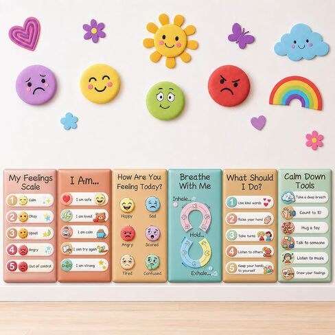 party greeting 6 Pcs Calming Down Corner Classroom Wall Posters Decor Feelings Headboard Emotions Padding for Kindergarten Playroom Cozy Calm Corner 15.7 x 7.9 Inch Peel and Stick Panels (Colorful) in Kuwait